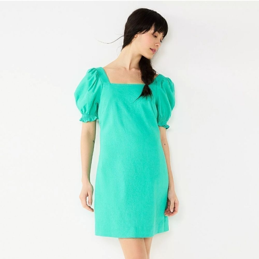 Draper James RSVP, Square Neck, Puff Sleeve,  Linen Blend Dress, Medium